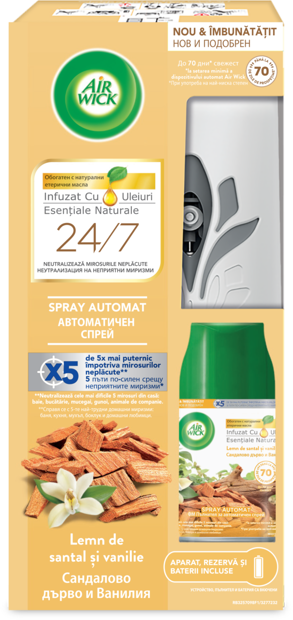Odorizant automat de cameră Air Wick Freshmatic, Lemn de Santal & Vanilie, 250 ml