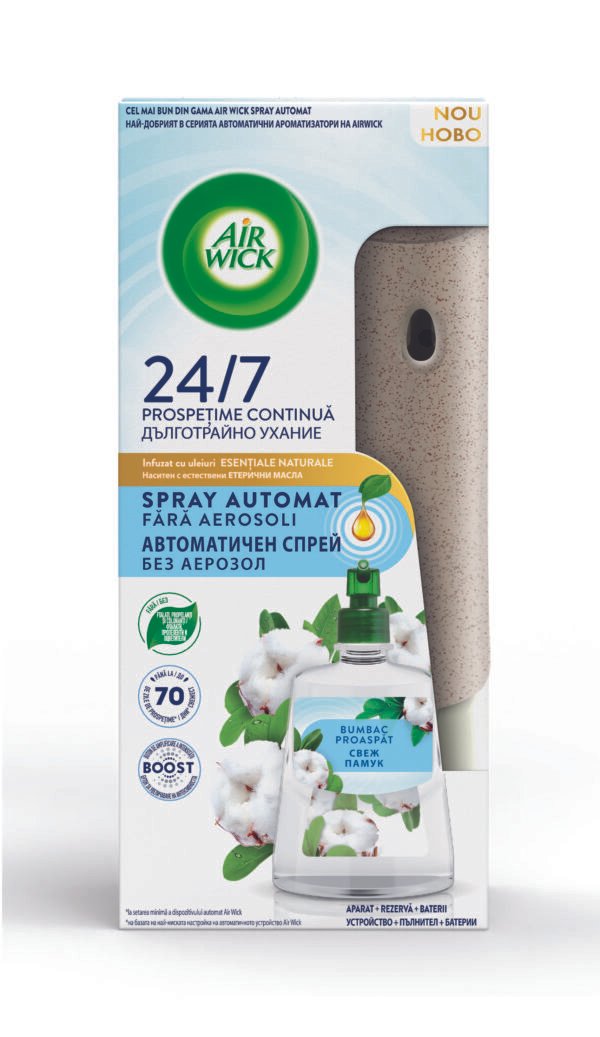 Odorizant de cameră kit spray automat fără aerosoli Air Wick, Bumbac Proaspăt, 228 ml