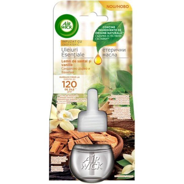 Rezervă odorizant electric de cameră Air Wick, Lemn de Santal & Vanilie, 19 ml