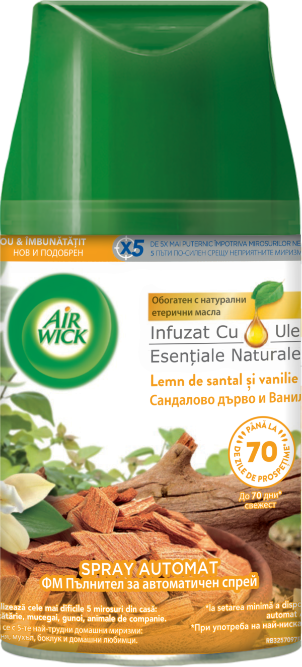 Rezervă spray odorizant automat de cameră Air Wick Freshmatic, Lemn de Santal & Vanilie, 250 ml